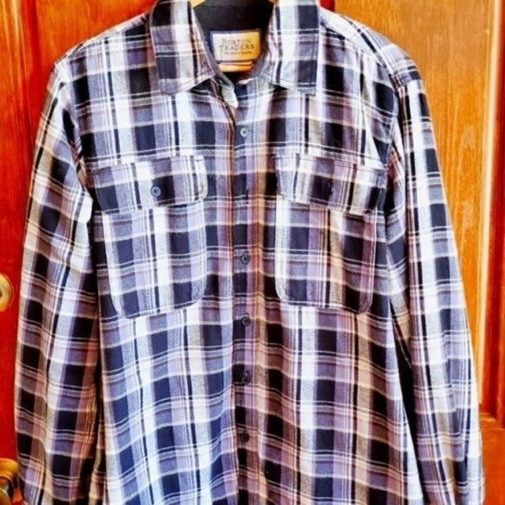 Boston Traders Mens Purple Black White Plaid Flannel Button Down Shirt L/S